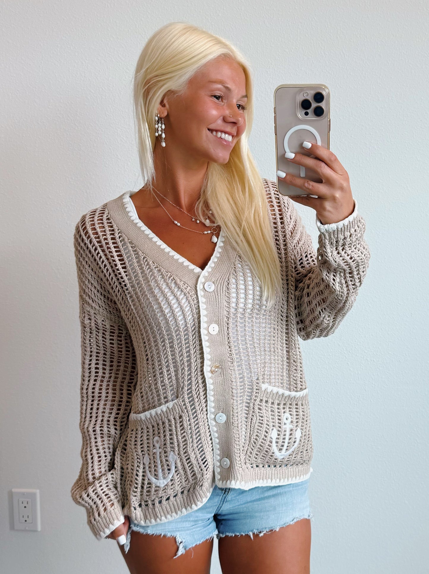 Neutral Coastal Anchor Lightweight Knit Cardigan