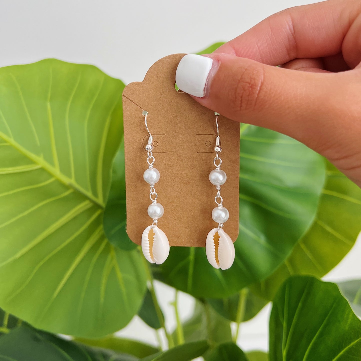 Silver Pearl Cowrie Shell Drop Earrings