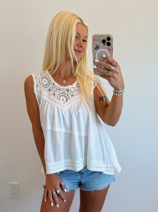 White Boho Contrast Crochet Knit Top