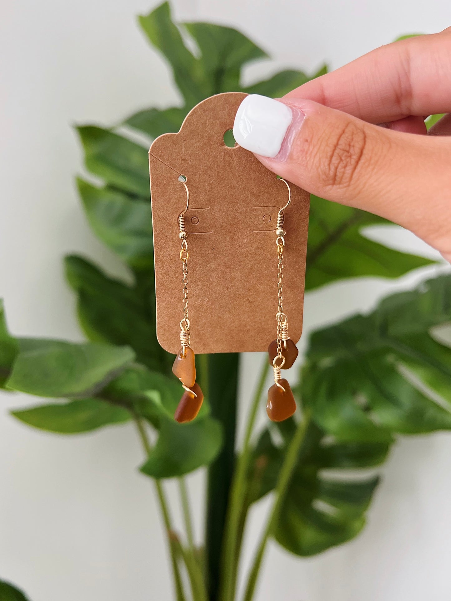 Gold Brown Sea Glass Drop Earrings