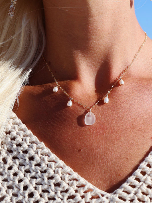 Gold Filled Clear Sea Glass & Baroque Pearl Multi Necklace