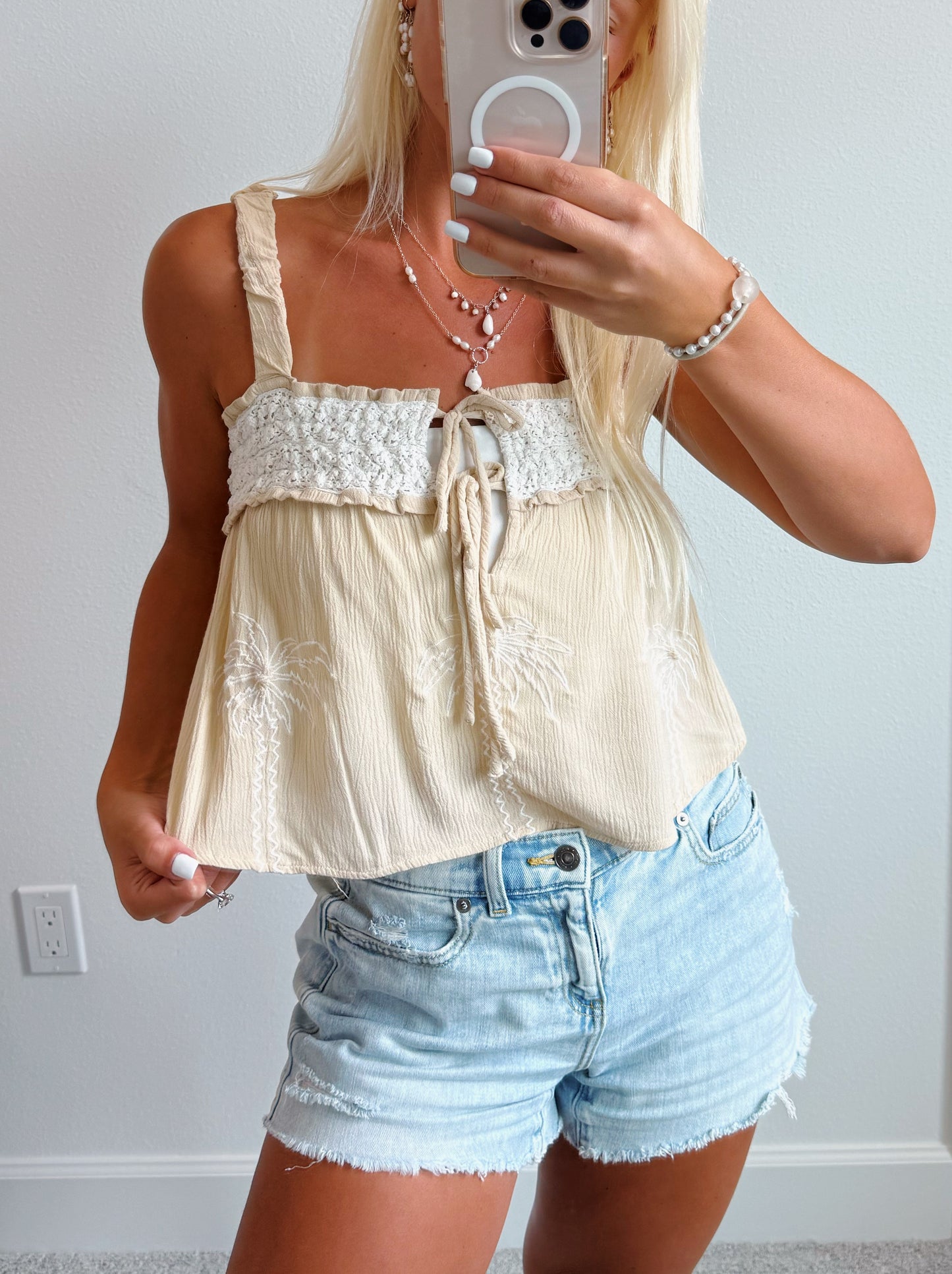 Beige & Crochet Ivory Palm Tree Flowy Tank Top
