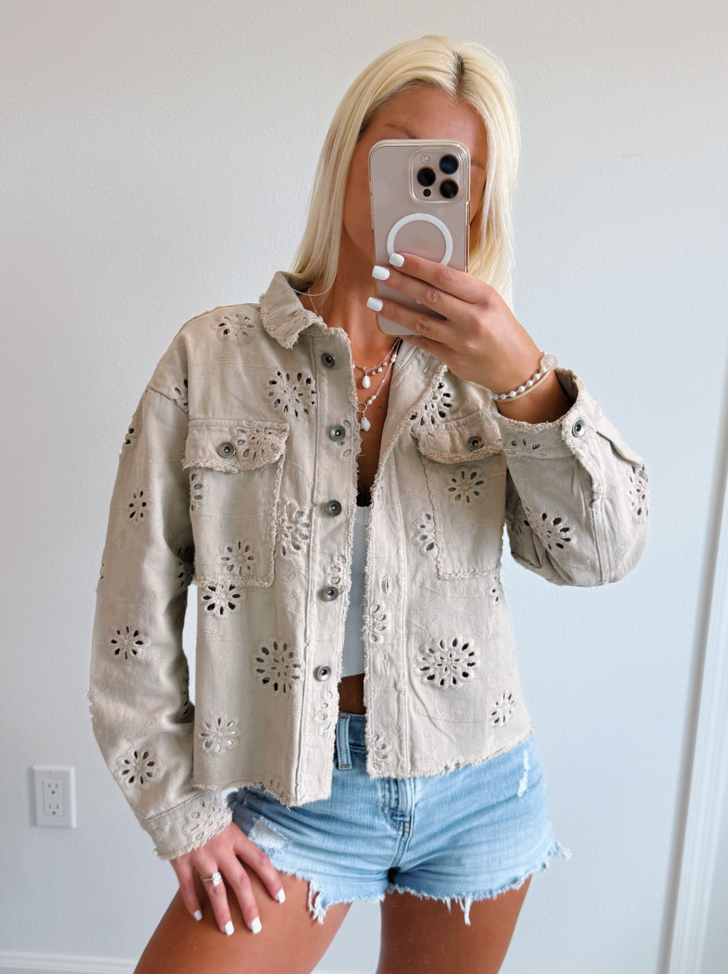 Eyelet Button Down Cotton Jacket