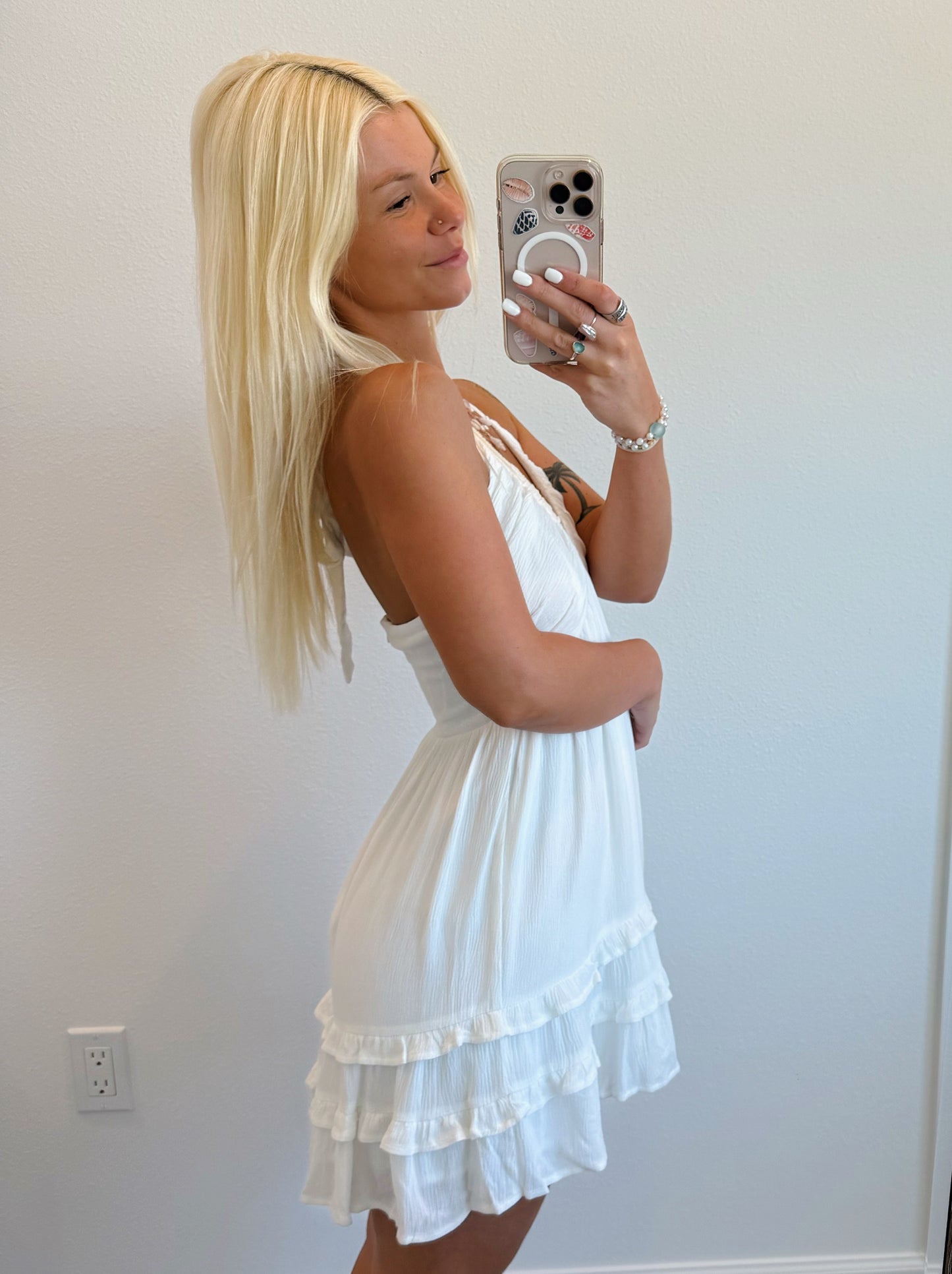 Off White V Neck Halter Ruffle Dress