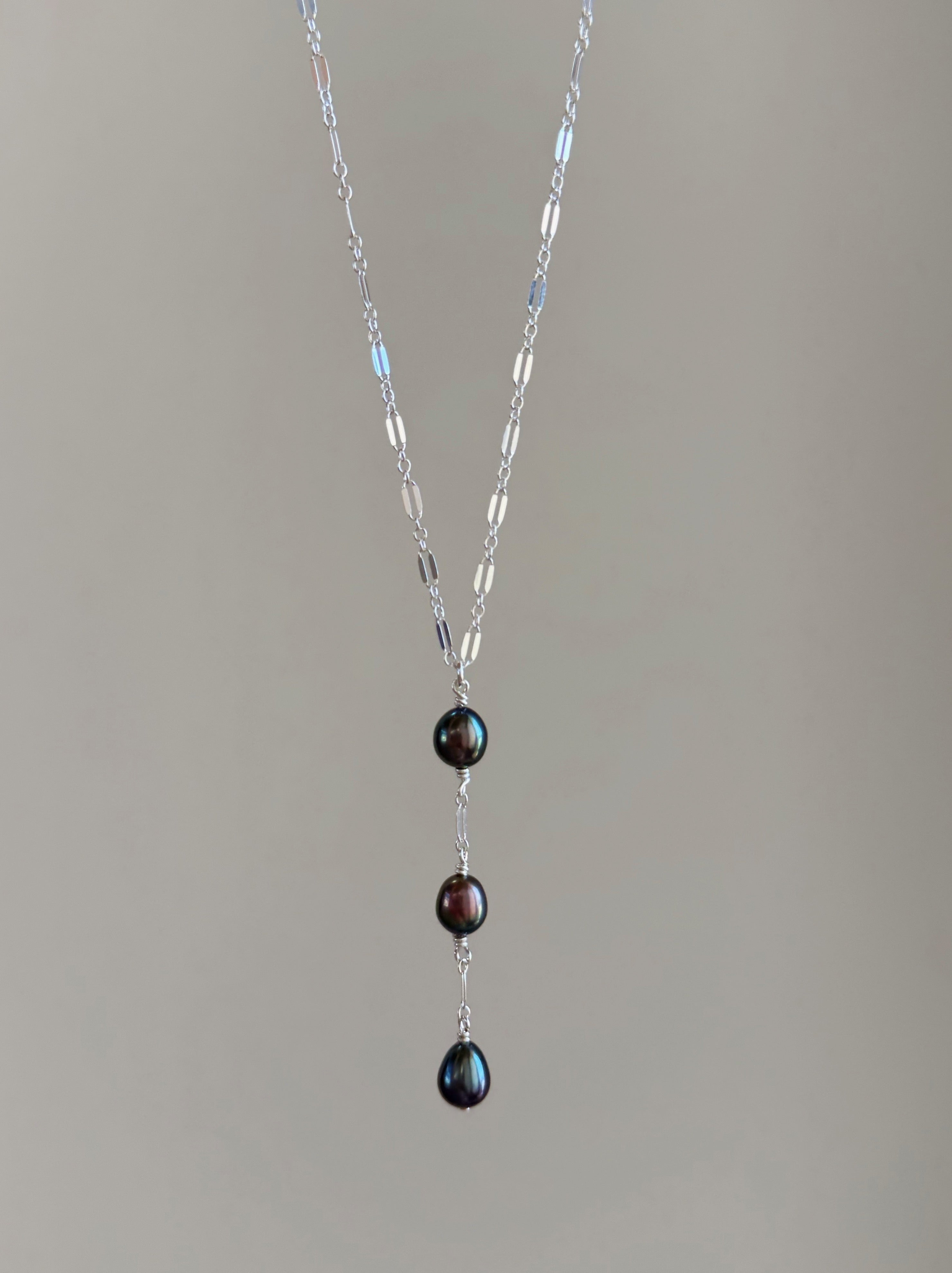 Sterling Silver Sparkle Chain Tahitian Peacock Pearl Triple Drop Neckl ...