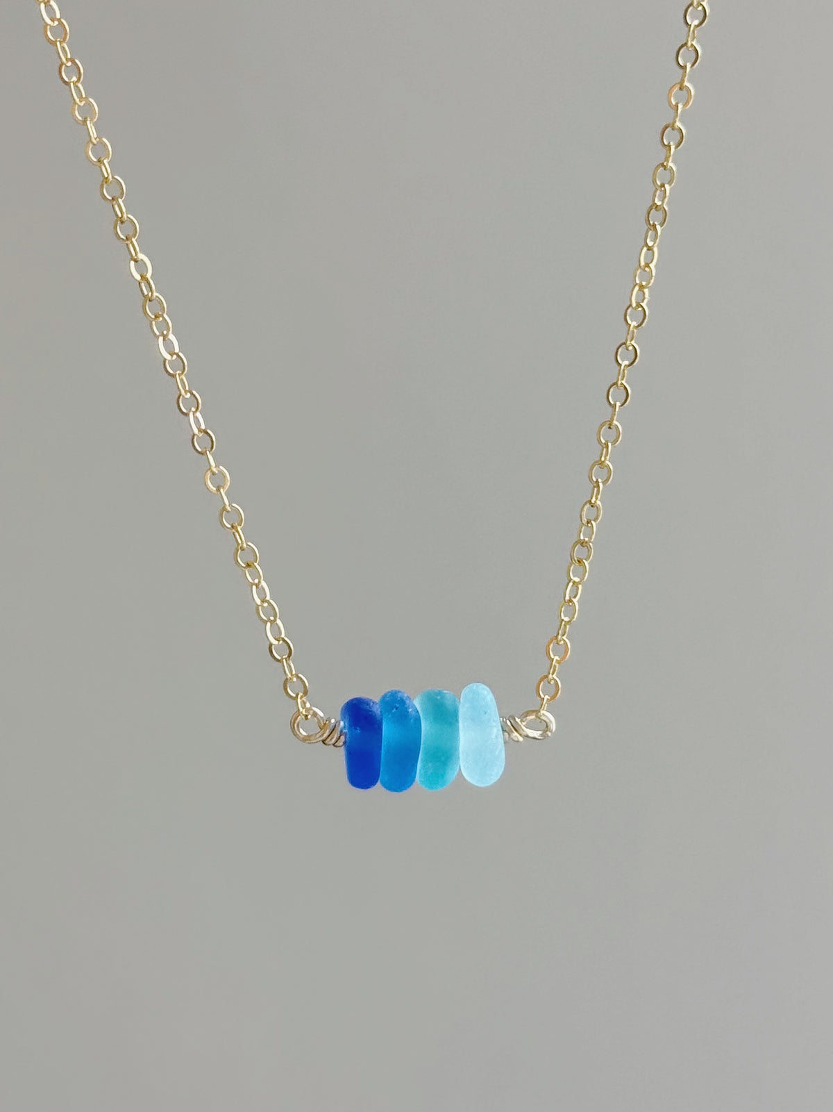 Gold Filled Mix Blue Ombre Sea Glass Bar Necklace