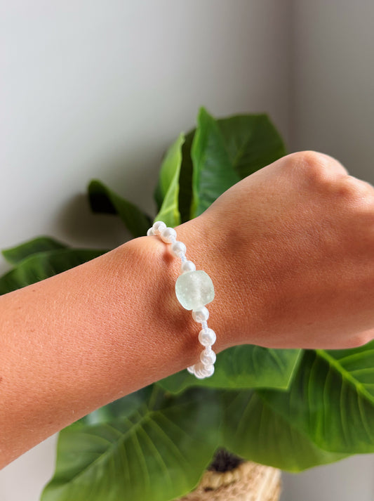 Clear Sea Foam Sea Glass Pearl Bracelet
