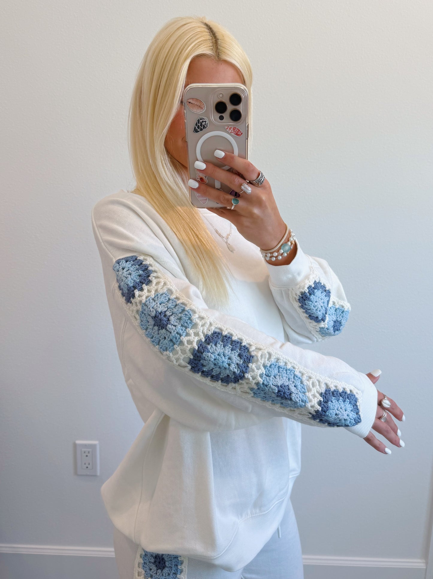 White & Blue Crochet Crewneck
