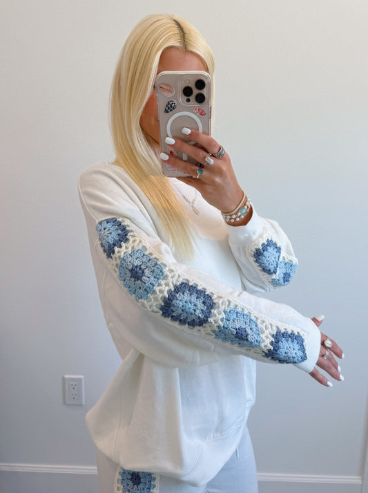 White & Blue Crochet Crewneck