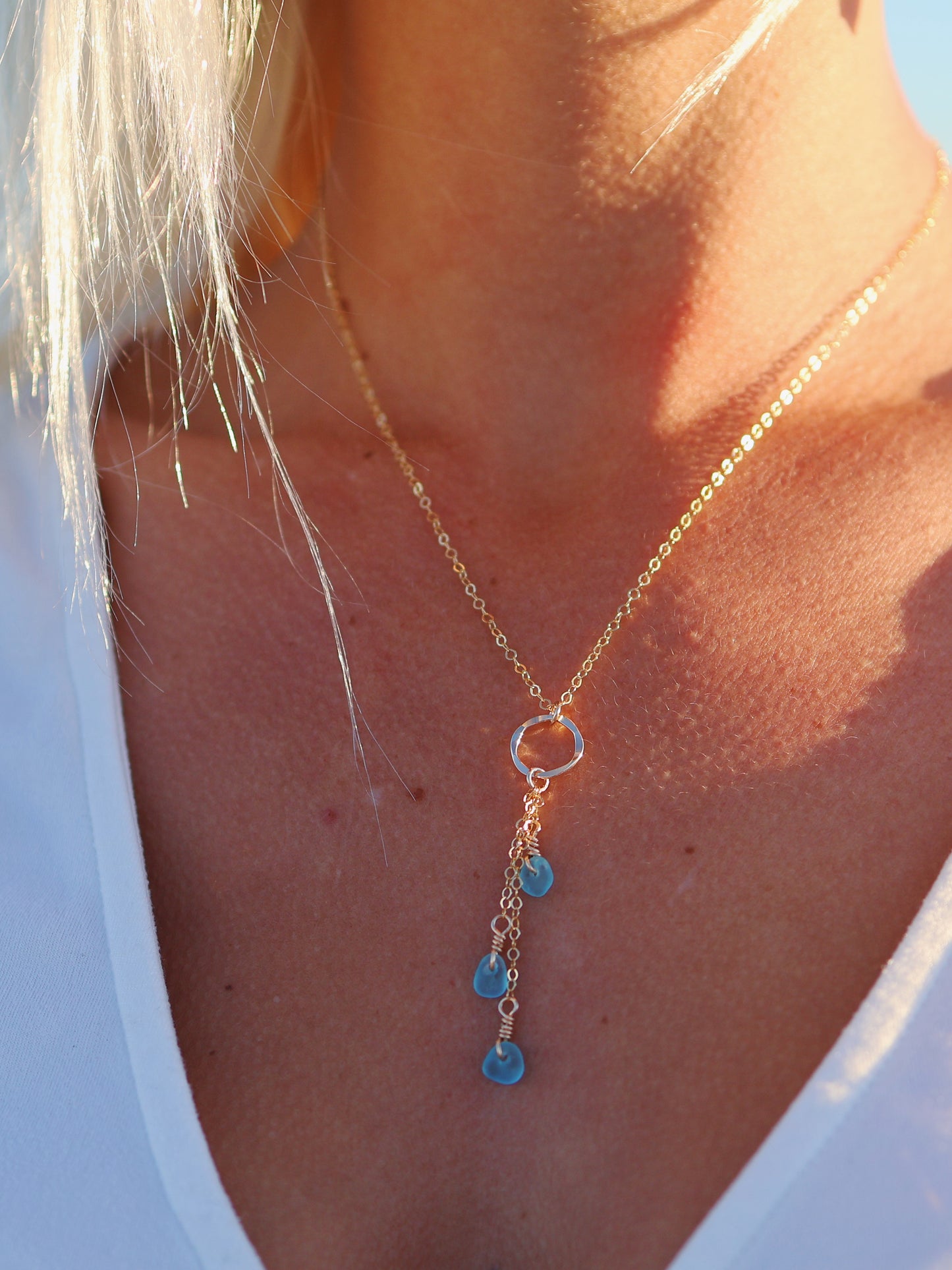 Gold Filled Turquoise Sea Glass Triple Drop Necklace