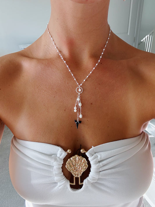 Sterling Silver Shark Tooth Pearl Lover Triple Drop Necklace