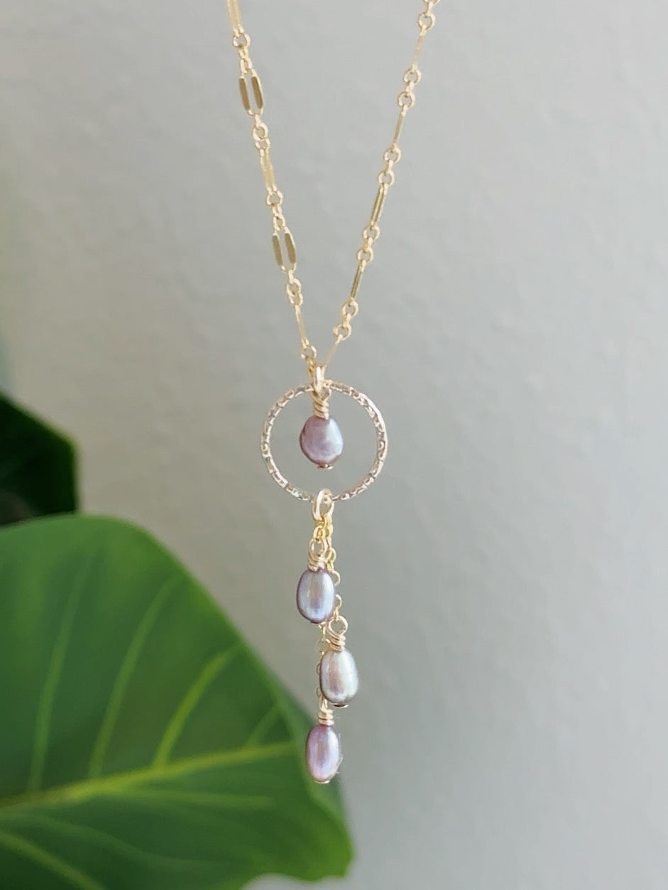 Gold Filled Hammered Circle Mermaid Pearl Triple Drop Necklace