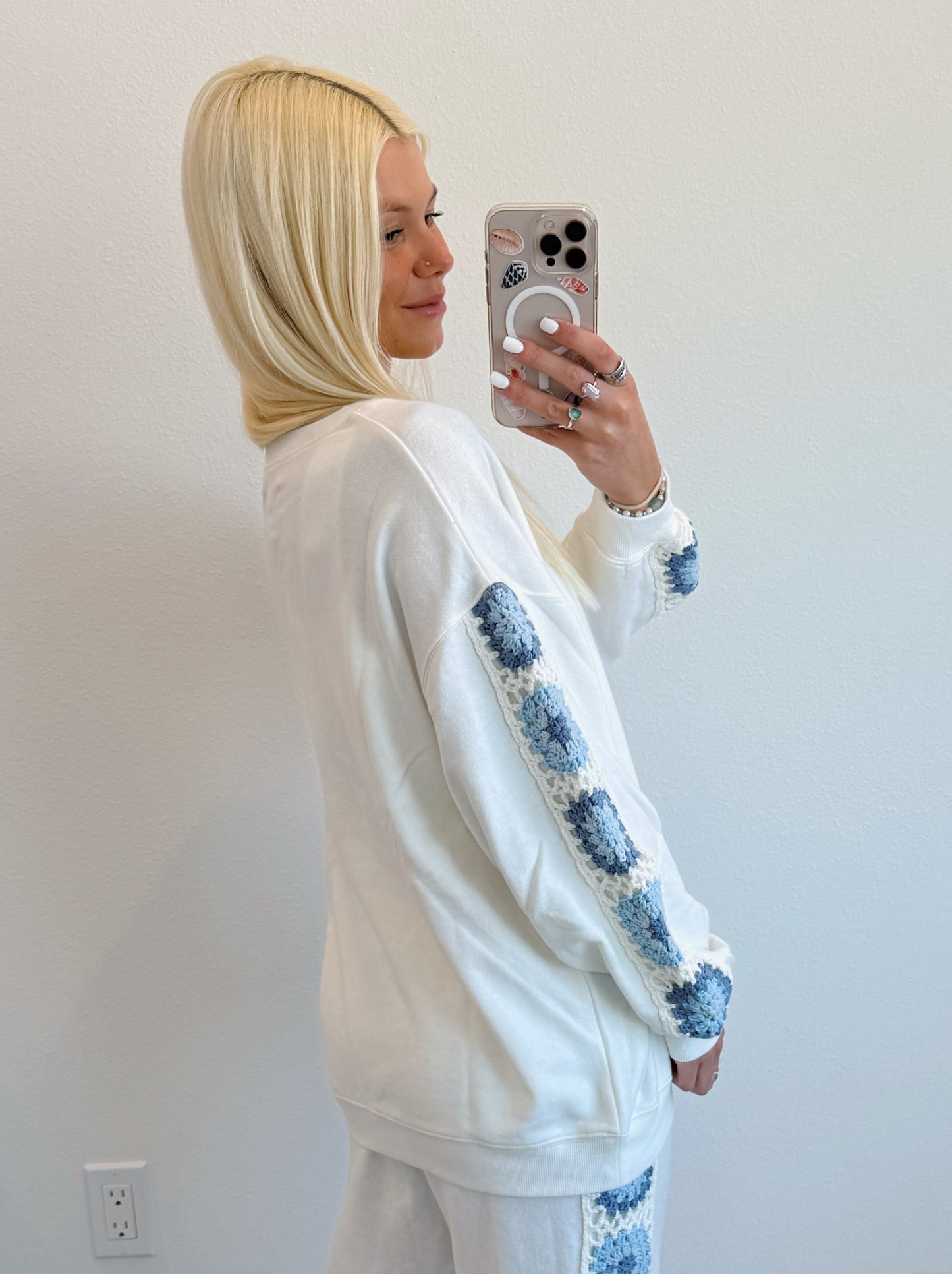 White & Blue Crochet Crewneck