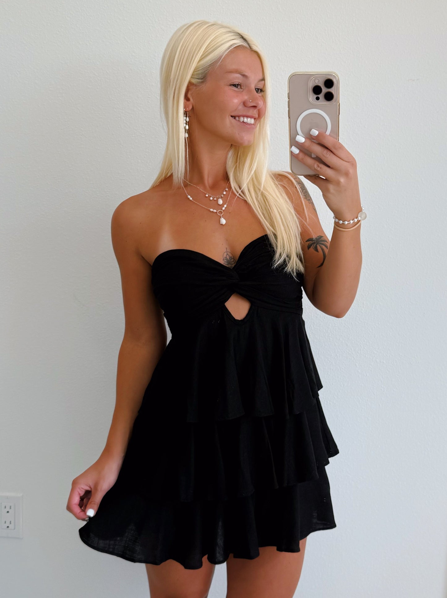 Black Strapless Babydoll Ruffle Layered Romper Dress