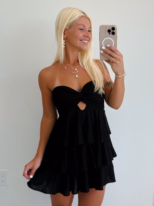 Black Strapless Babydoll Ruffle Layered Romper Dress
