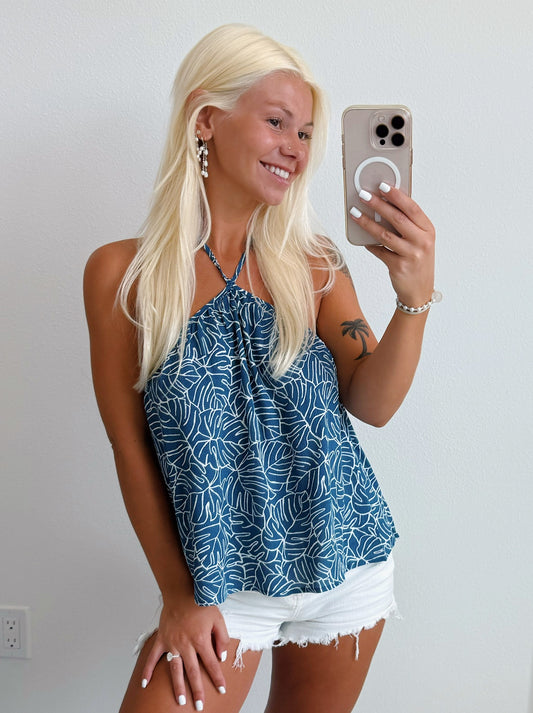 Blue Monstera Leaf Halter Tank Top