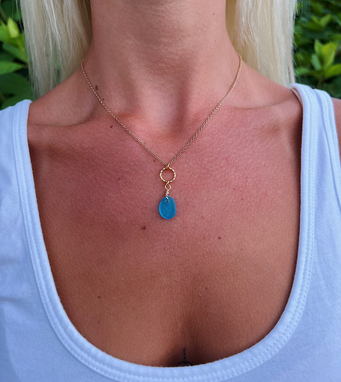 Ocean Blue Sea Glass Circle Gold Necklace