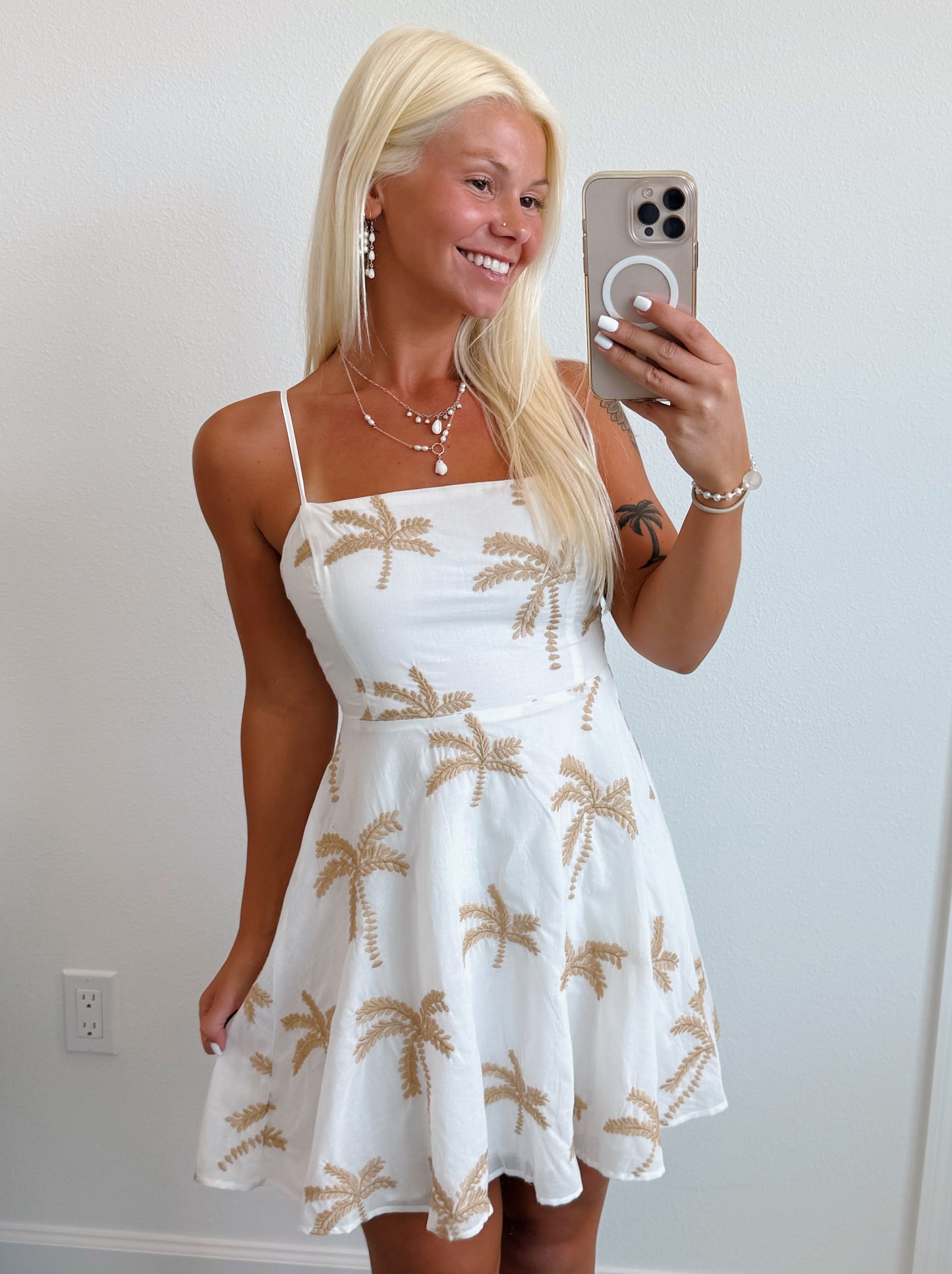 White & Tan Palm Tree Tie Back Dress