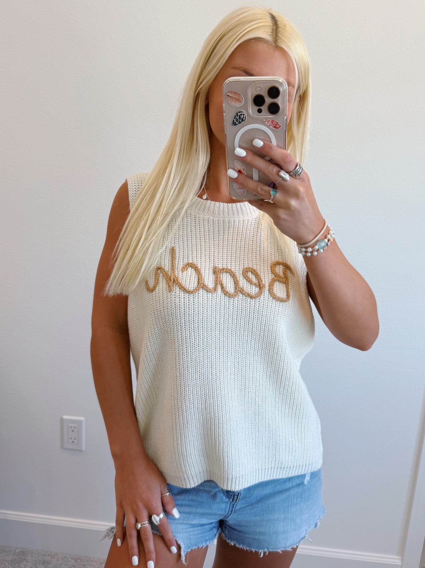 Cream Beach Sweater Tank Top