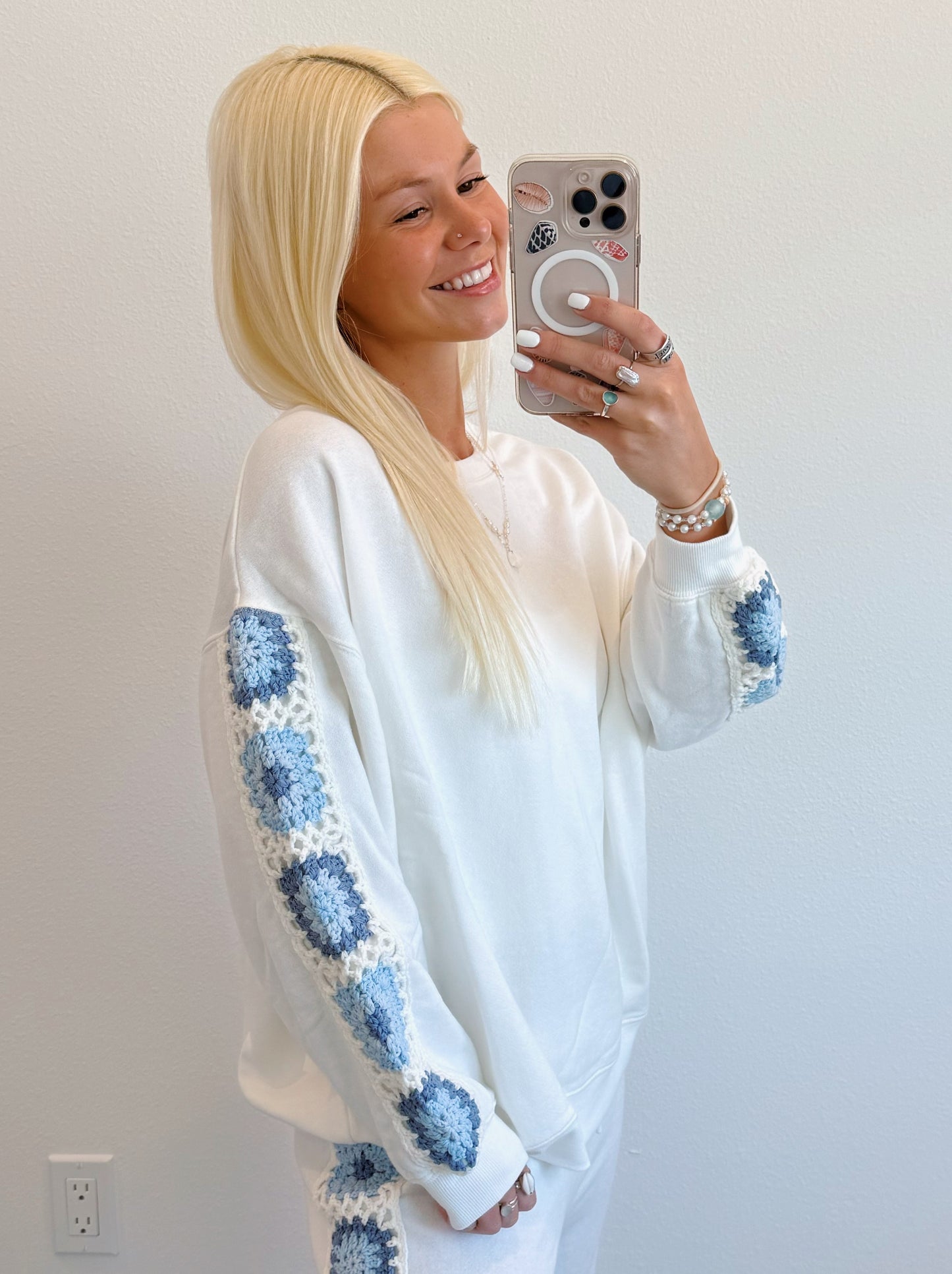 White & Blue Crochet Crewneck