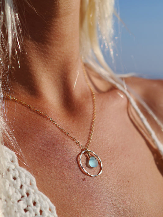Gold Filled Baby Blue Sea Glass Shiny Hammered Circle Necklace