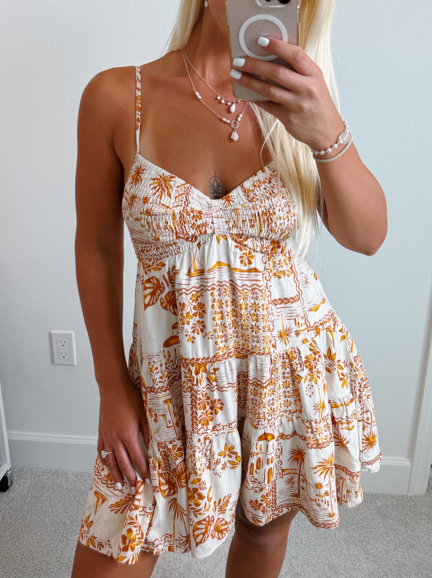 Golden Glow Palm Smocked Babydoll Romper
