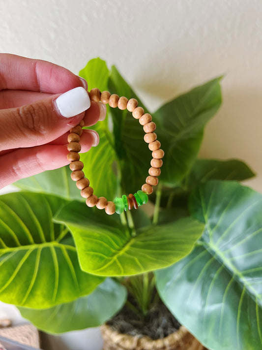 Green & Brown Sea Glass Wooden Bracelet