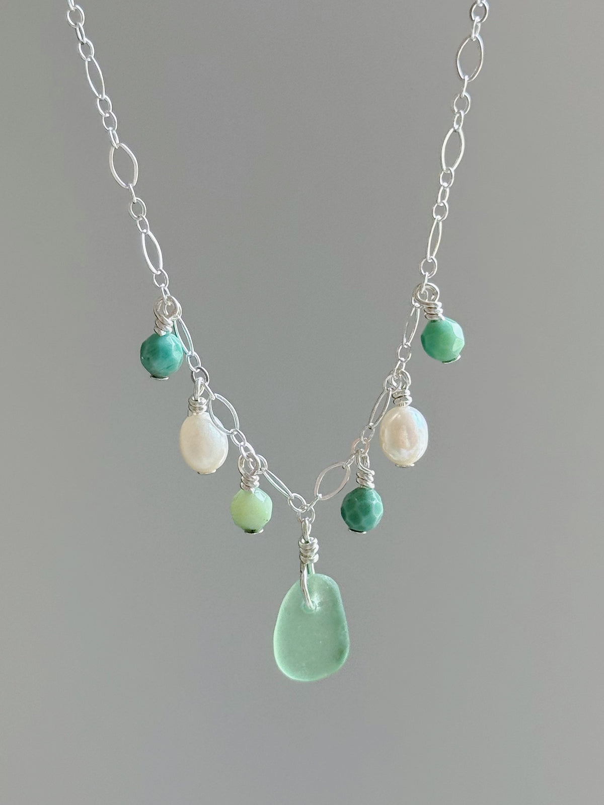 Sterling Silver Fancy Light Green Sea Glass Gemstone Necklace