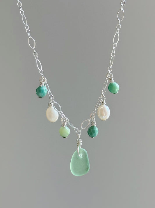 Sterling Silver Fancy Light Green Sea Glass Gemstone Necklace