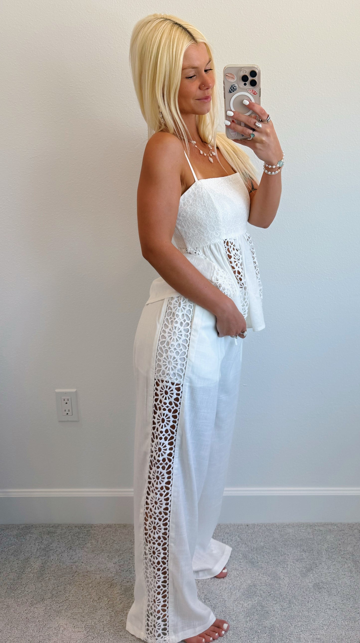 White Boho Crochet Side Wide Leg Pants