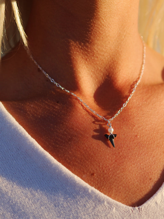 Silver Shark Tooth Pearl Necklace