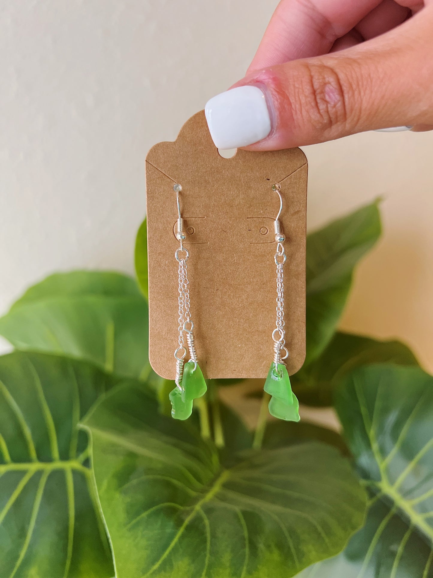 Silver Green Sea Glass Drop Earrings