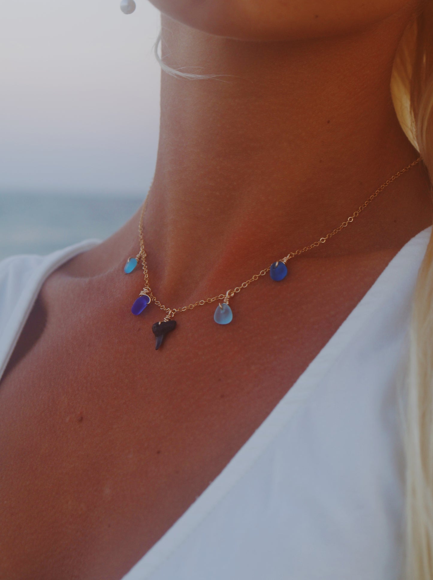 Gold Filled Shark Tooth & Mix Blue Sea Glass Multi Necklace