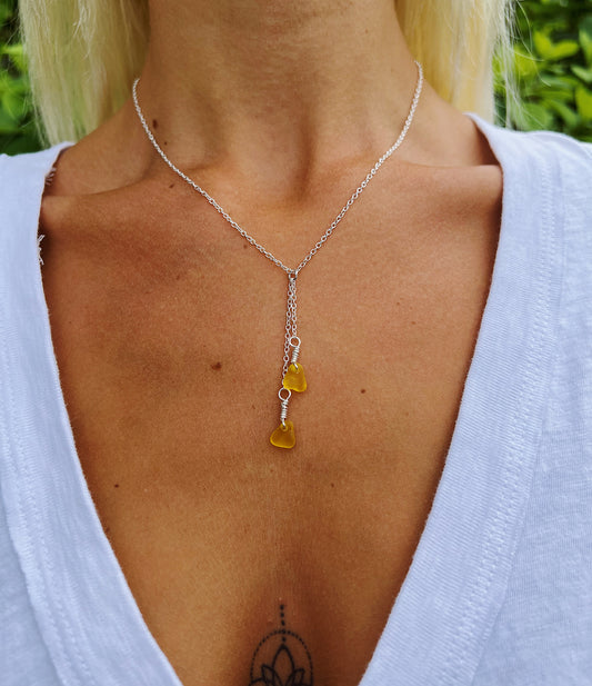 Yellow Aura Sea Glass Double Drop Necklace