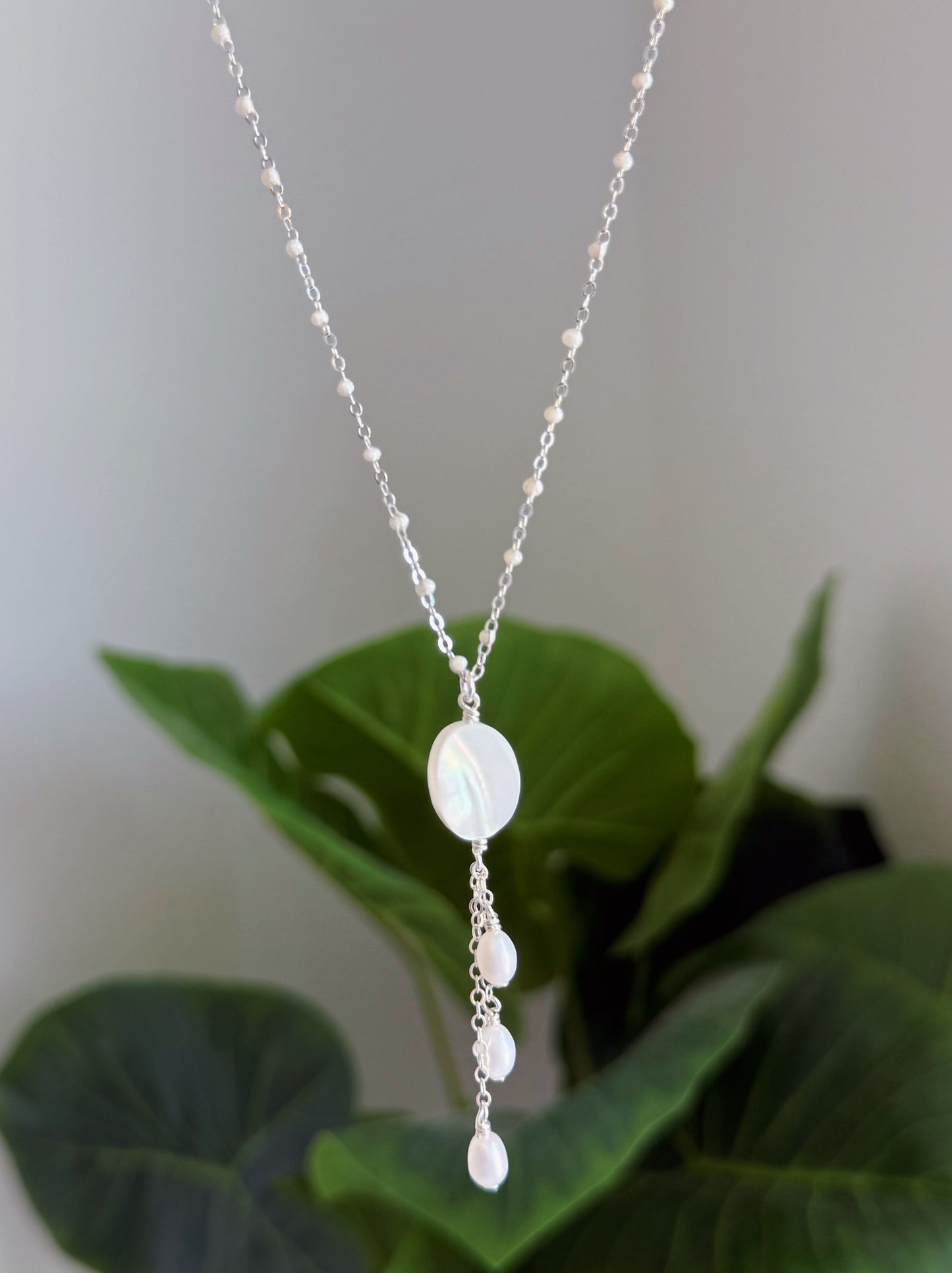 Sterling Silver Oval Mother of Pearl Triple Drop Necklace