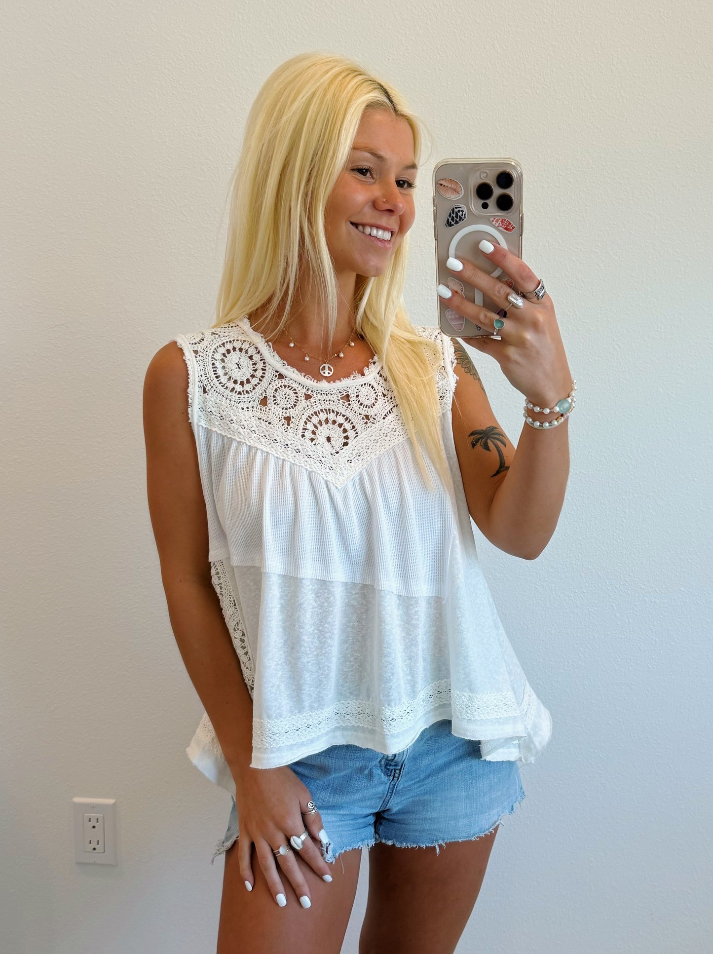 White Boho Contrast Crochet Knit Top