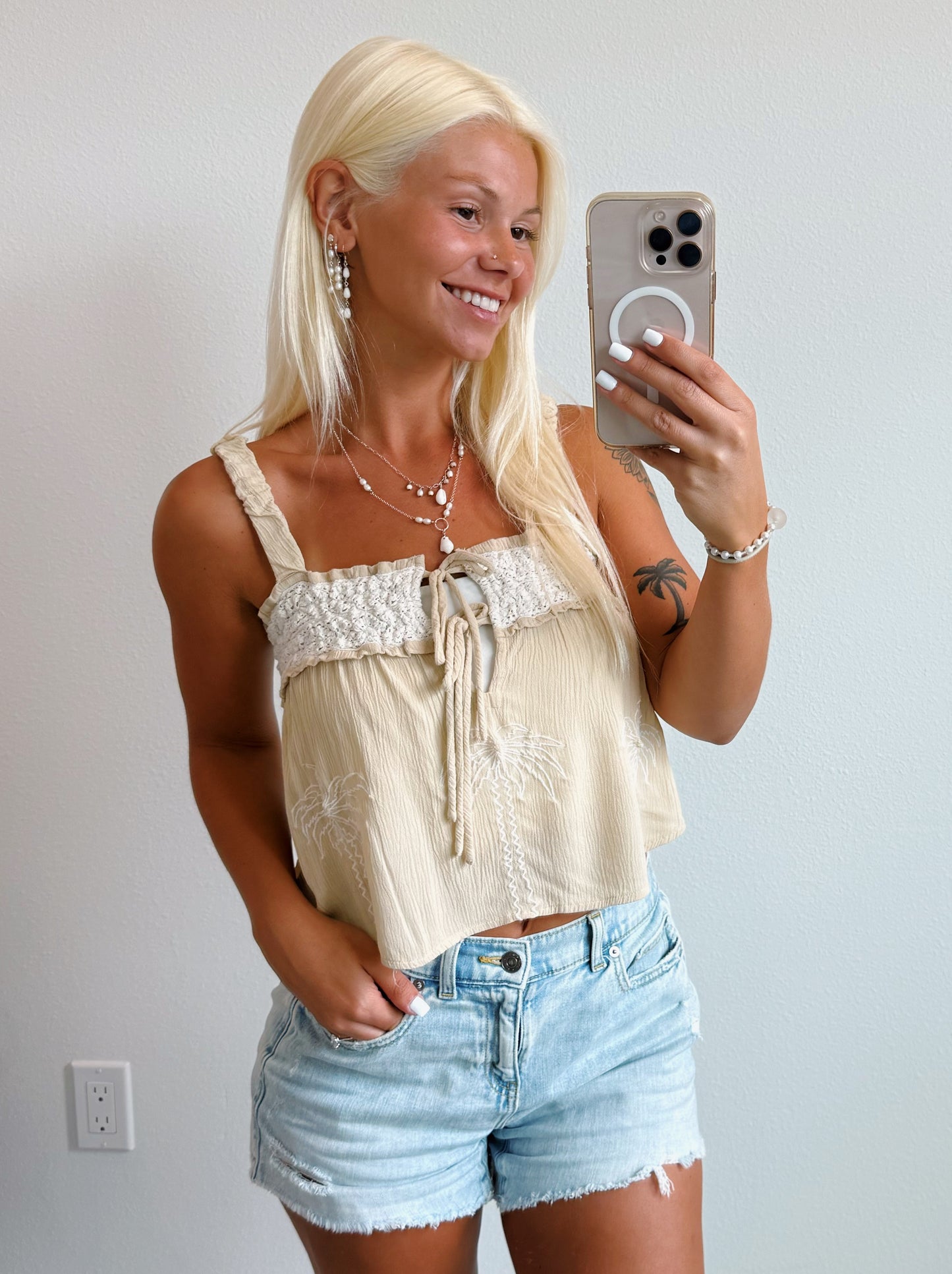 Beige & Crochet Ivory Palm Tree Flowy Tank Top