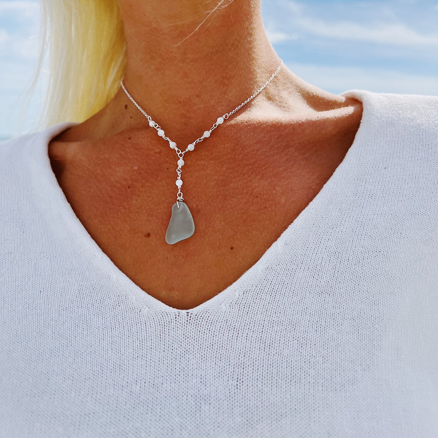 Light Blue Sea Glass & Moonstone Necklace