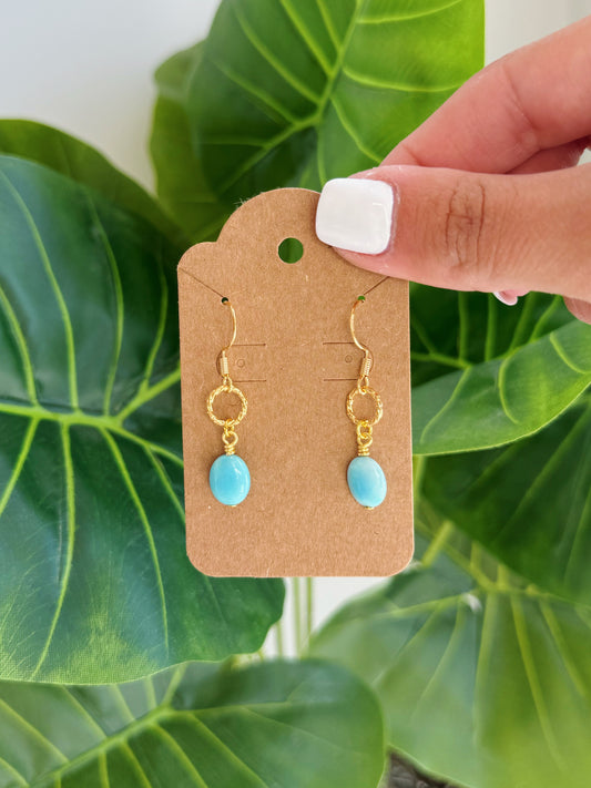 Gold Turquoise Gemstone Hammered Circle Earrings