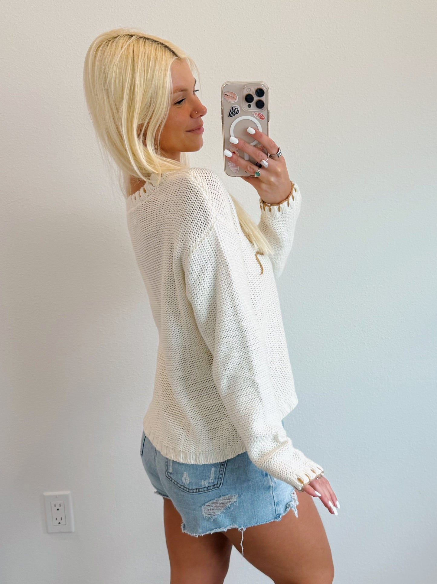 Cream Beach w/ Tan Embroidered Trim Sweater