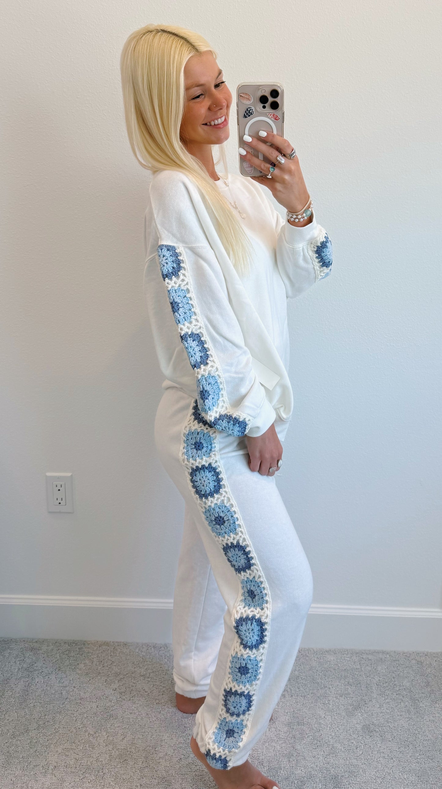 White & Blue Crochet Joggers