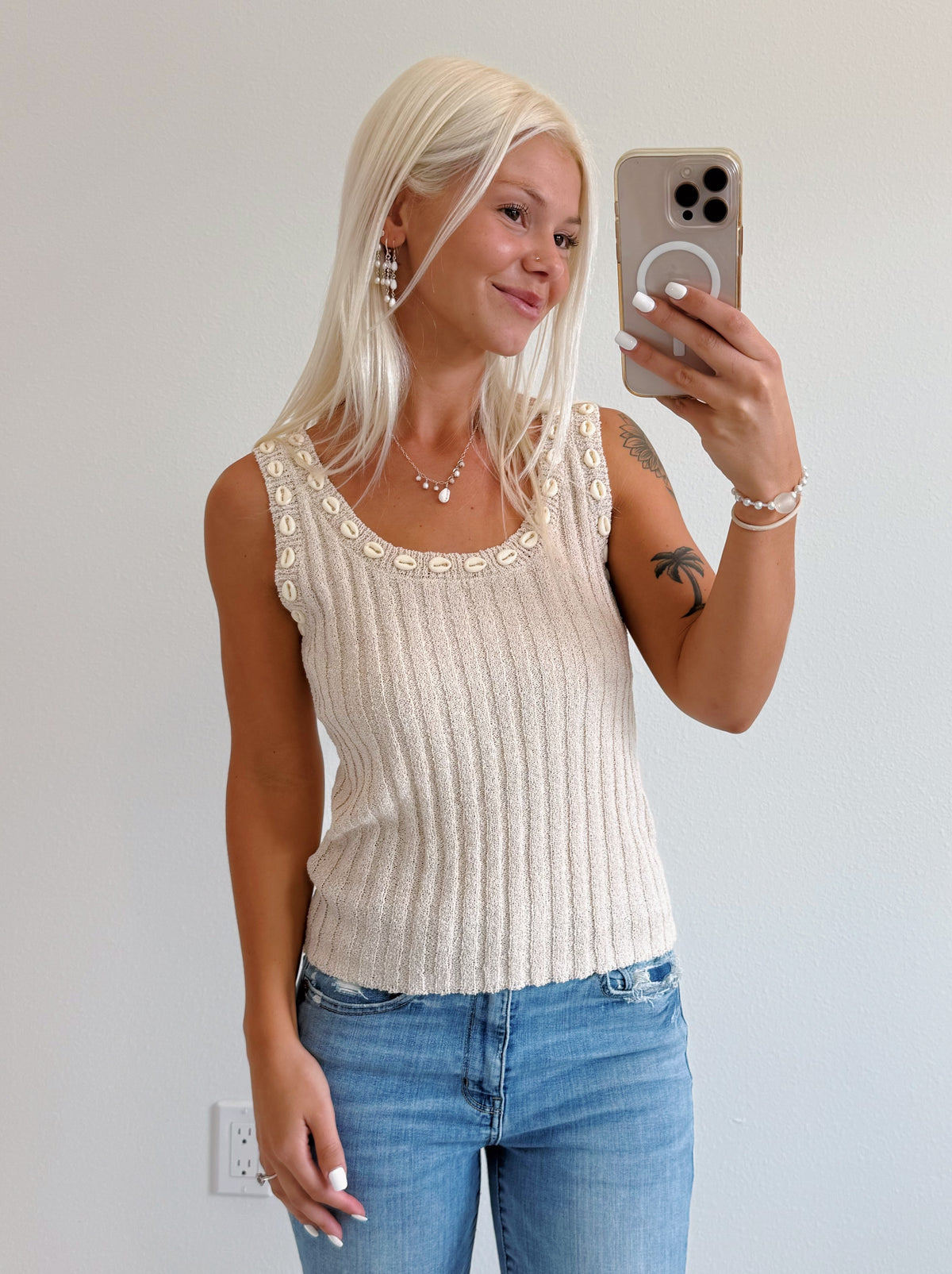 Rib Knit Cowrie Shell Trim Tank Top