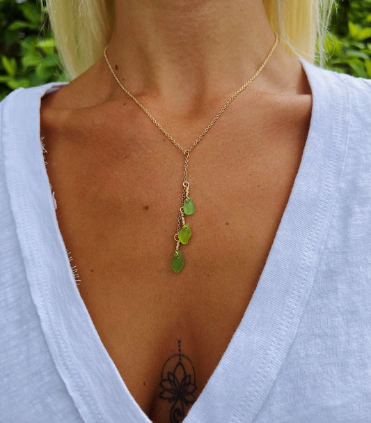 Mixed Green Sea Glass Drop Necklace