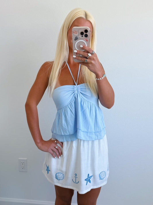 White Skort Blue Beach Embroidery