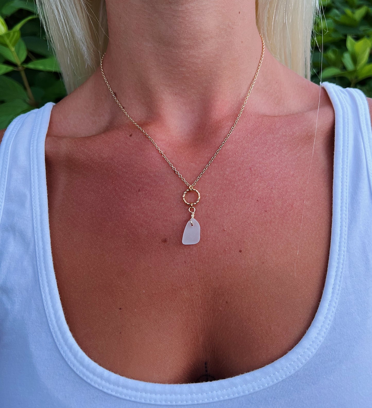 Clear Sea Glass Circle Gold Necklace