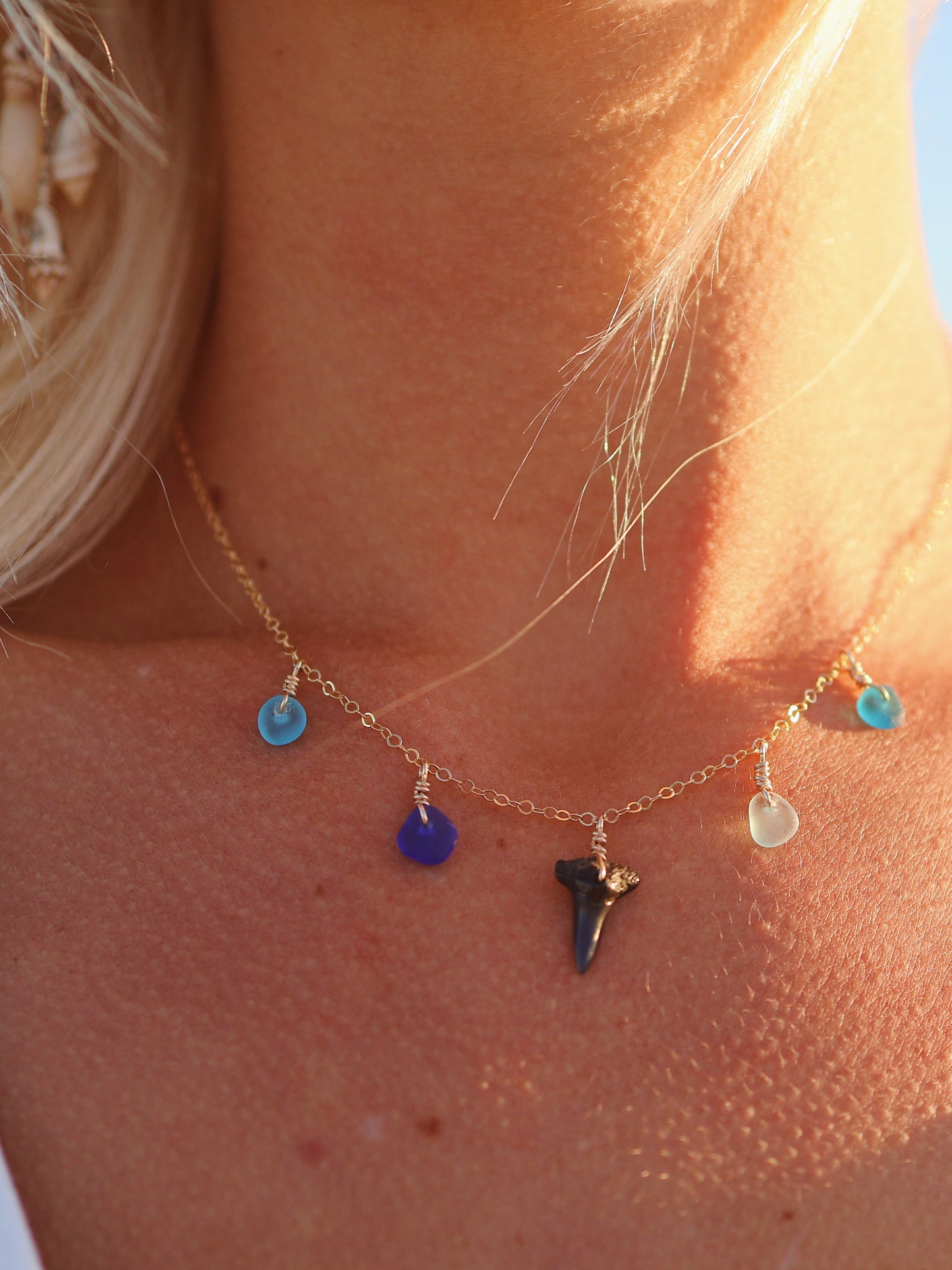 Gold Filled Shark Tooth & Mix Blue Sea Glass Multi Necklace