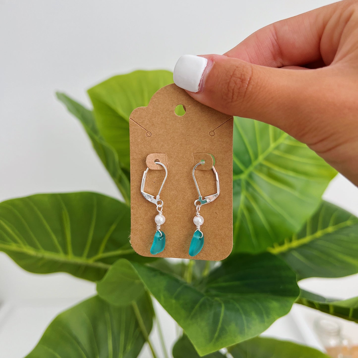 Silver Blue Sea Glass Pearl Earrings