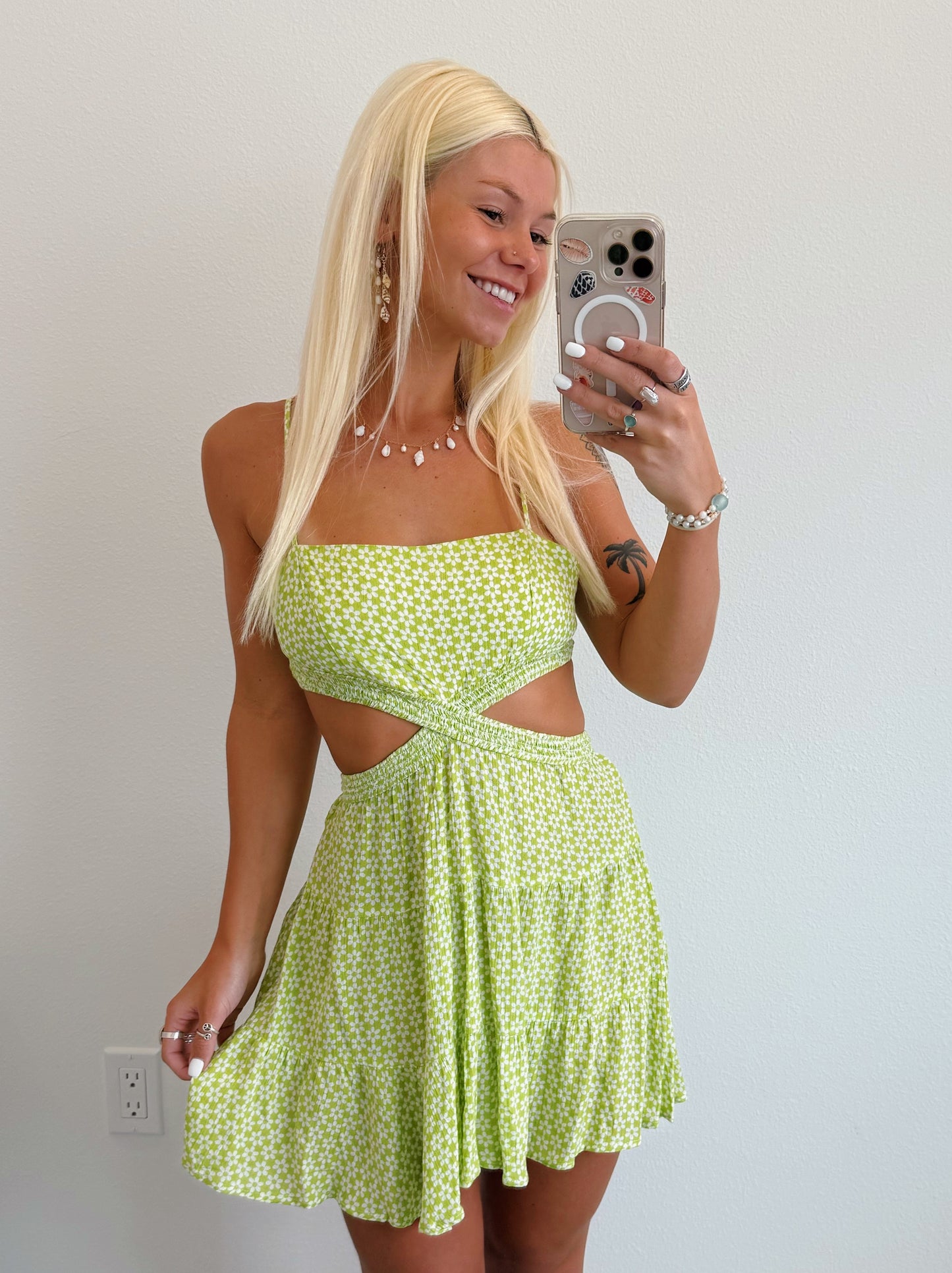Light Green Floral Cut Out Dress