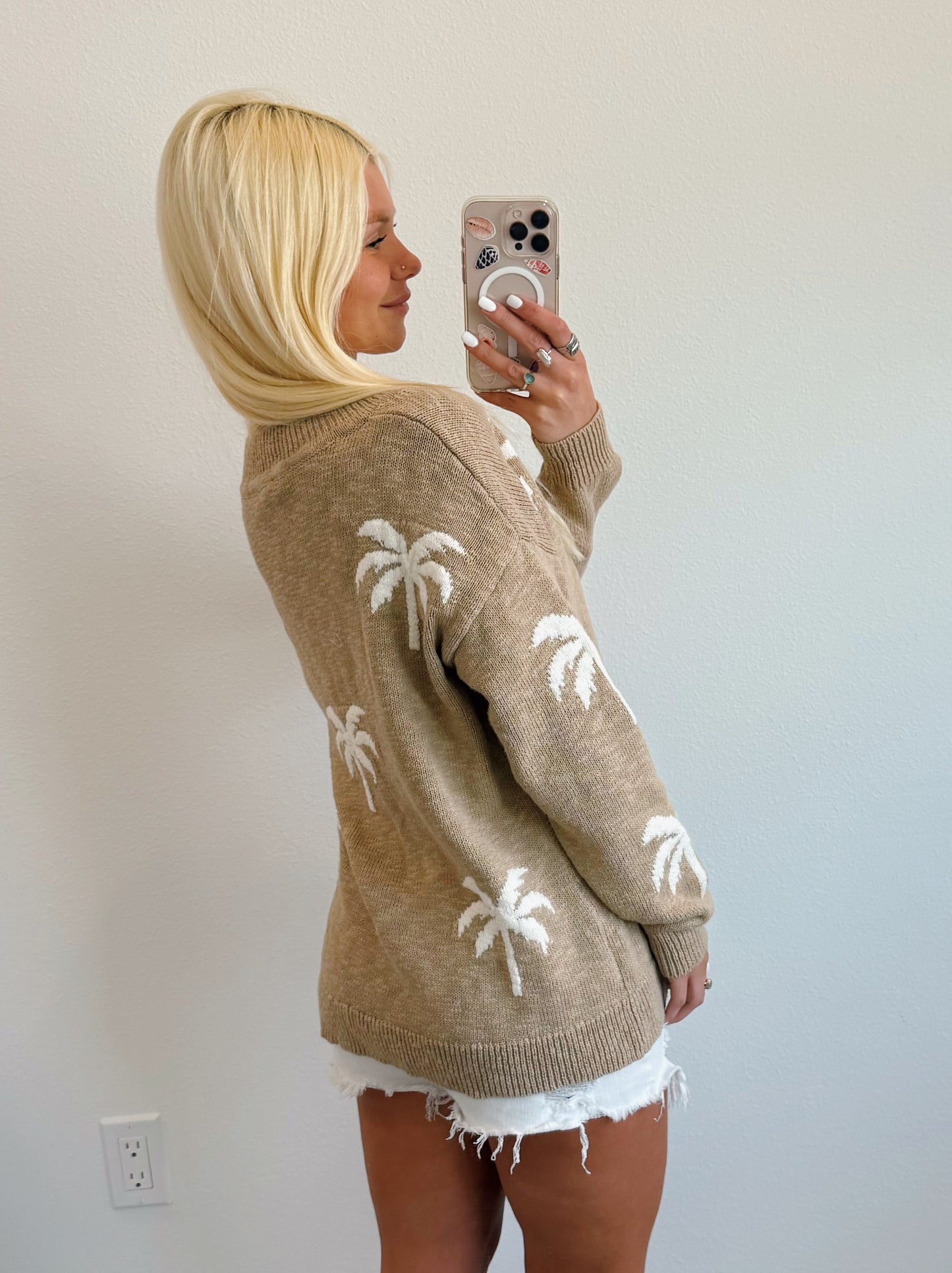 Tan Palm Tree V Neck Sweater
