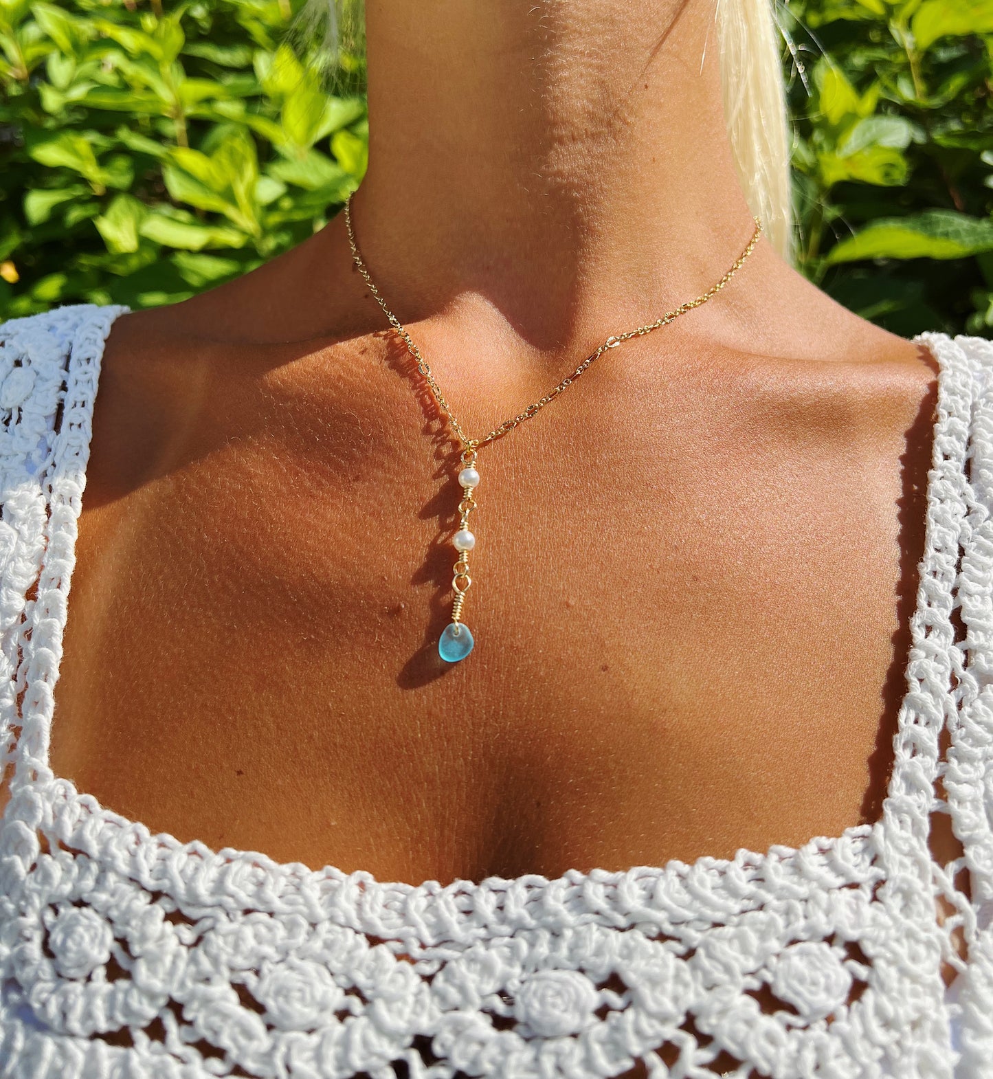 Gold Pearl Drop Light Blue Sea Glass Necklace